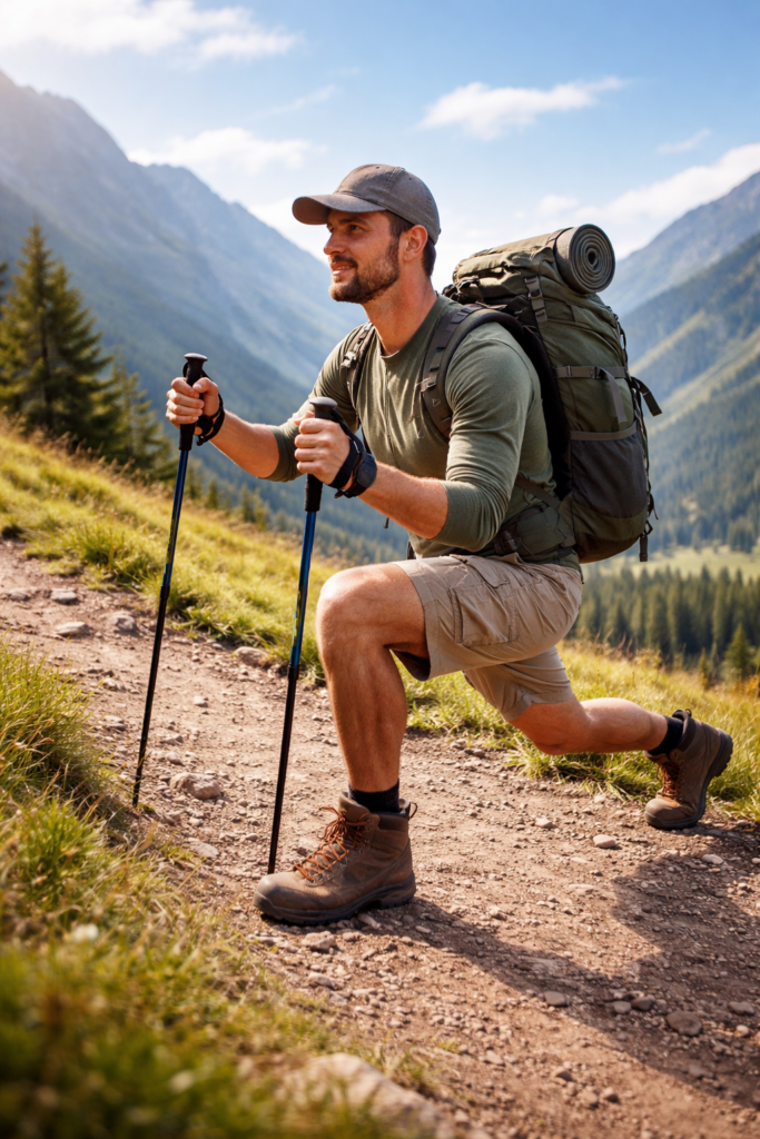 Wanderer macht Ausfallschritte im Freien zur Vorbereitung auf eine Bergtour.