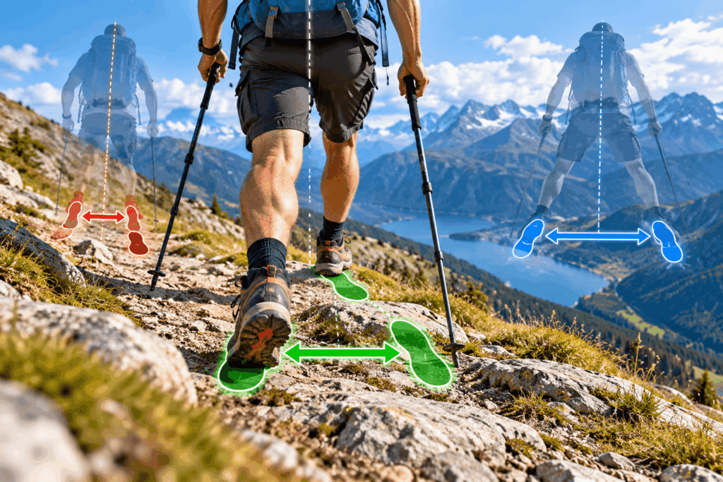 Wanderer auf einem felsigen Bergweg mit grafischem Vergleich unterschiedlicher Schrittbreiten und ihrer Auswirkungen auf die Balance.