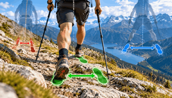 Wanderer auf einem felsigen Bergweg mit grafischem Vergleich unterschiedlicher Schrittbreiten und ihrer Auswirkungen auf die Balance.