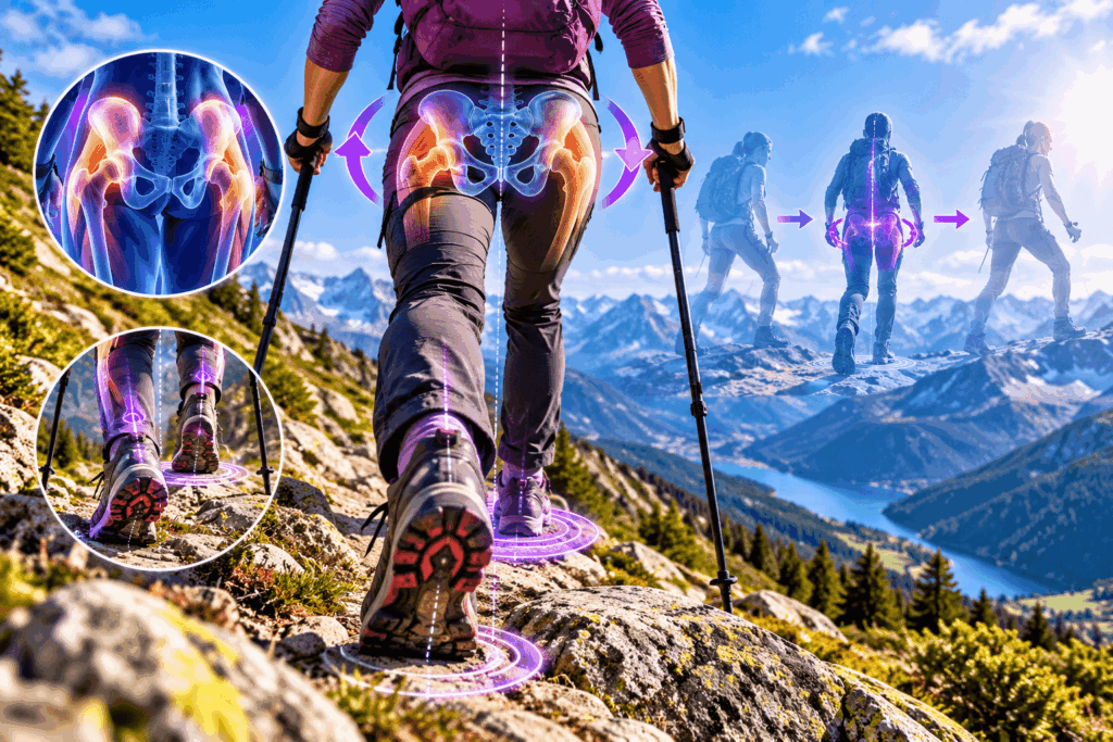 Bergwanderer mit Trekkingstöcken auf einem felsigen Wanderweg. Grafische Markierungen zeigen Beckenstellung, Hüftstabilität und Körperausrichtung beim Gehen.