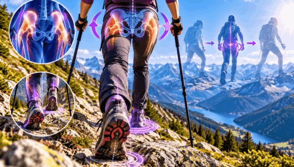 Bergwanderer mit Trekkingstöcken auf einem felsigen Wanderweg. Grafische Markierungen zeigen Beckenstellung, Hüftstabilität und Körperausrichtung beim Gehen.
