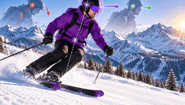 Skifahrer mit visualisierter Kopfhaltung und Körperachse zur Darstellung von Gleichgewicht und Bewegungskontrolle im alpinen Gelände.